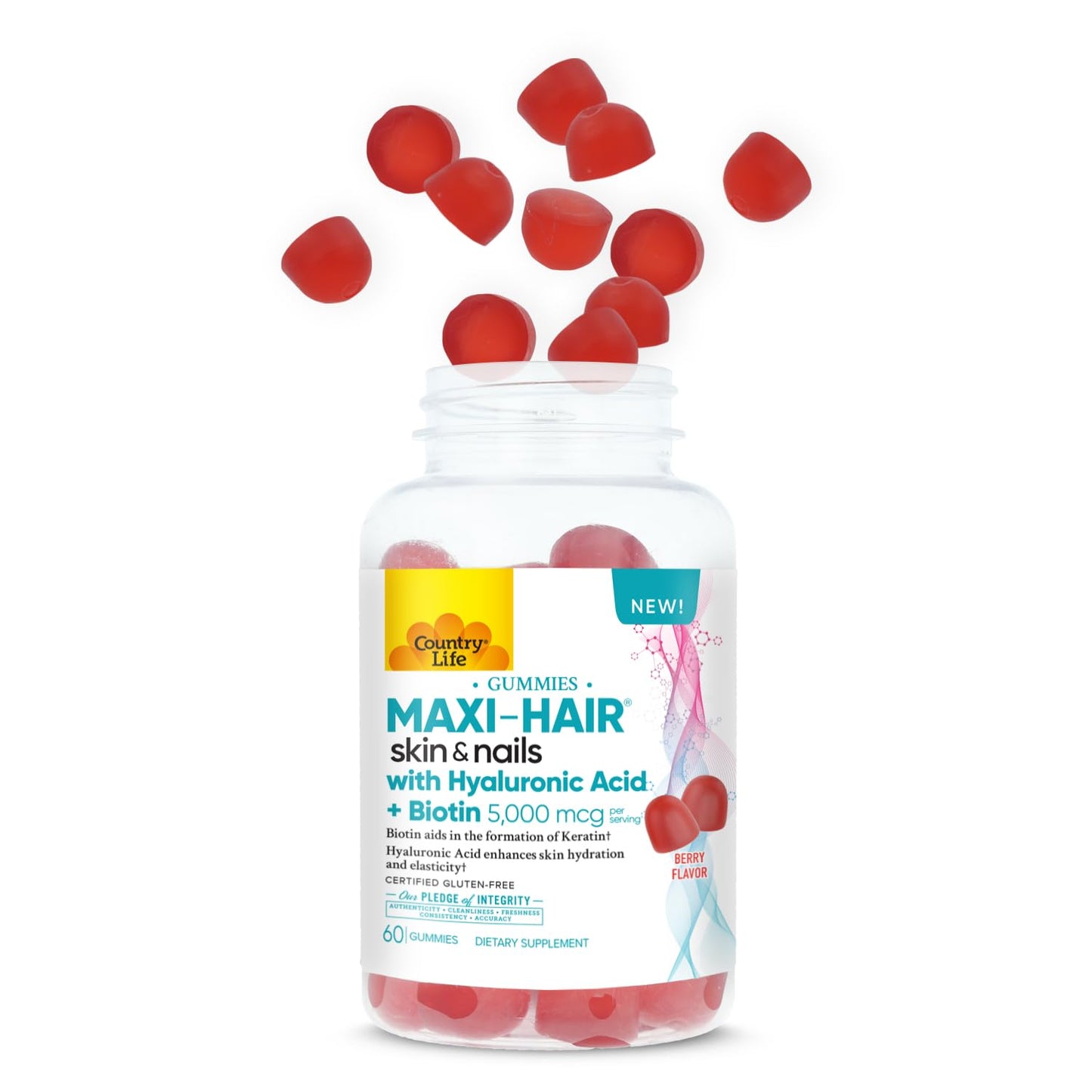 Country Life Maxi-Hair Skin & Nails Gummies with Hyaluronic Acid & Biotin 5,000 mcg – Supports Hair Growth, Skin Hydration & Nail Strength – Vegan, Gluten Free – 60 Gummies
