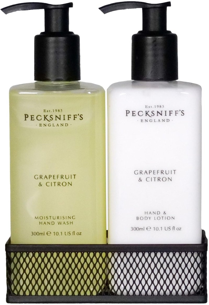 Hand Wash & Body Lotion Caddy Set (Grapefruit & Citron) - 10.1 Fl Oz Each - Gentle Cleanser for Sensitive Skin - Moisturizing & Hydrating Hand Cream - All Natural Cruelty Free Body Wash - Pecksniff’s