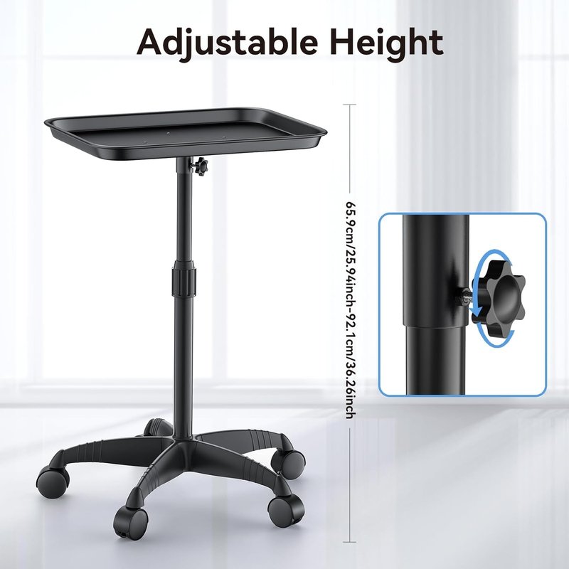 Adjustable Height Salon Rolling Tray Cart - Aluminum Hairstylist Color Tattoo Tray with Wheels | 36 Inch