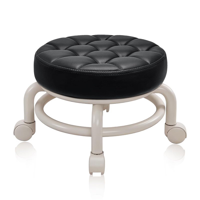 HPONQIONE Round Rolling Low Stool- PU Leather Low Stool 360° More Comfortable Swivel with Thickened Sponge Cushion for Nail Salon, Pedicure, SPA and Home (Black)