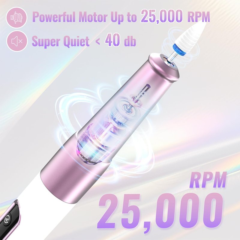 Denabuty Nail Drill Cordless, Electric Nail File 12 in 1 with LED Display, Nail Drill Machine Professional Portable Rechargeable E File for Gel Acrylic Manicure Pedicure Set with 5 Speeds Golden