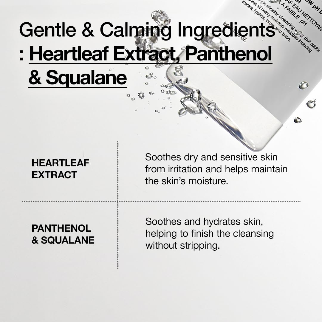 ANUA Heartleaf Low pH Deep Cleansing Water, Micella Water, Panthenol, Squalane, Makeup Remover for Sensitive Skin, Korean Skin Care (500g, 17.63 oz.)