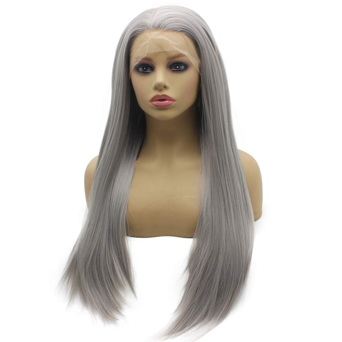 Iwona Gray Straight Wig Half Hand Tied Heat Resistant Fiber Hair Synthetic Lace Front Wig