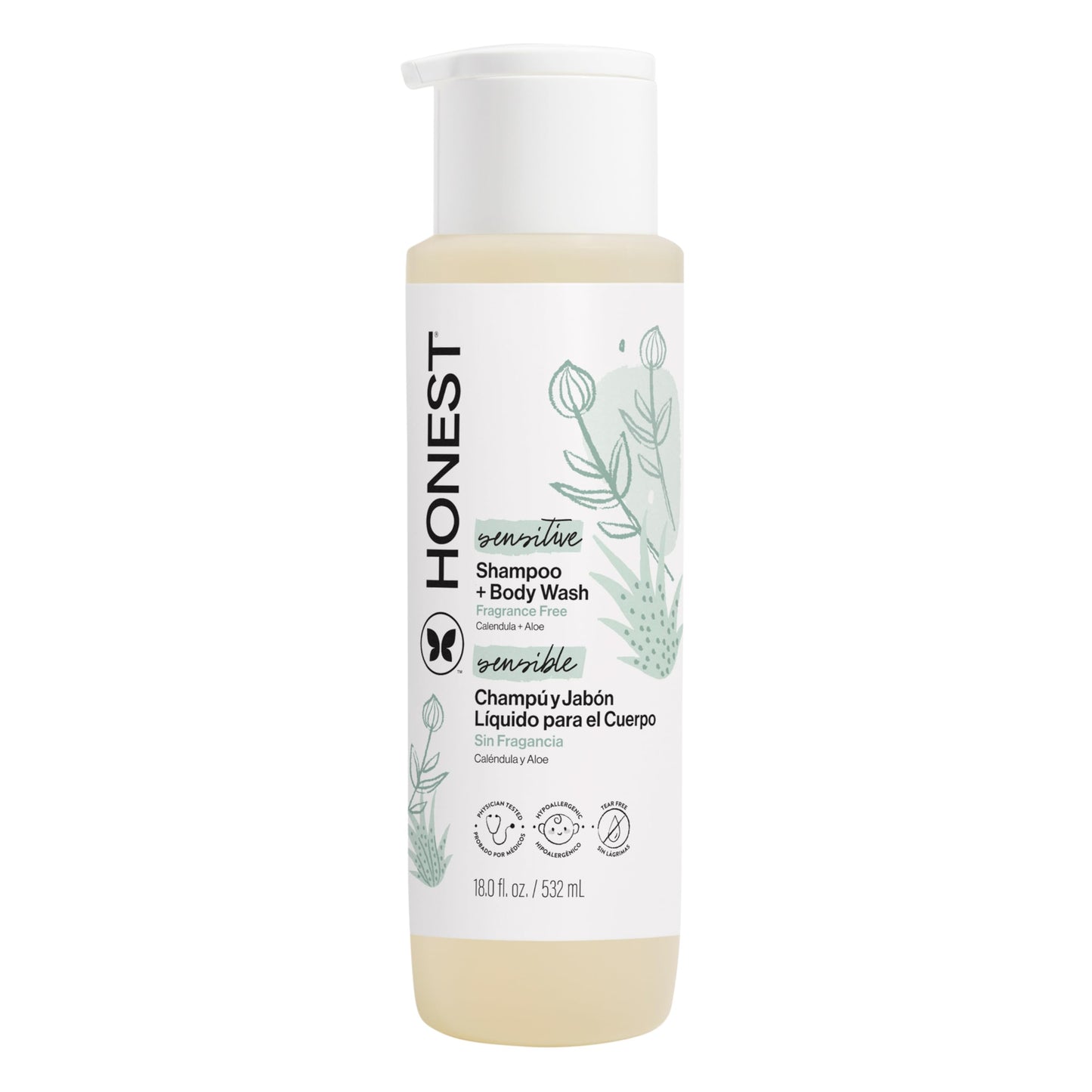 The Honest Company 2-in-1 Baby Shampoo & Body Wash, Fragrance-Free, Gentle, Tear-Free, Hypoallergenic, Naturally Derived, Sensitive Skin, 18 fl oz