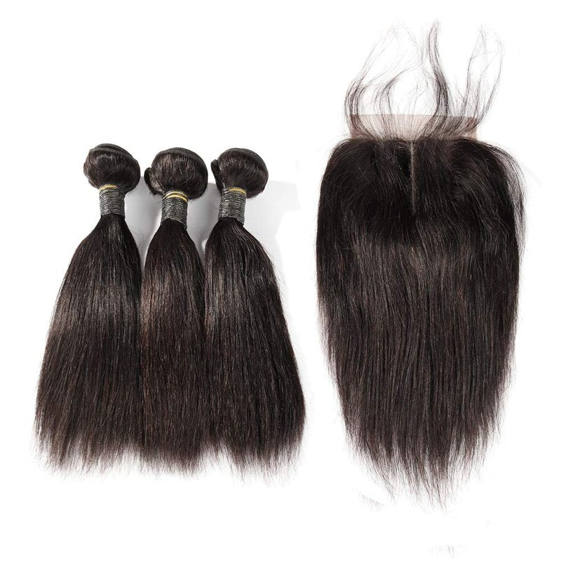 SINGLE BEST Brazilian Human Hair Bundles with Closure 10A Straight Bundles with Lace Closure 3 Bundles Human Hair with Lace Closure Free Part Natural Color (Straight, 8 8 8+8inch)