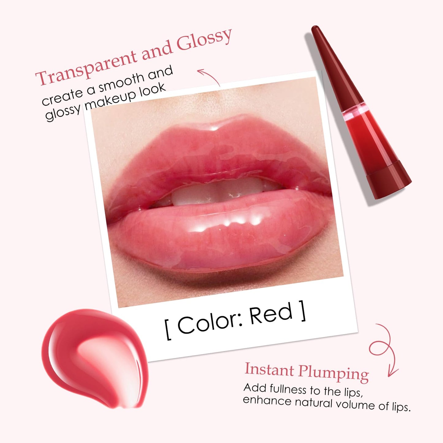 FREEORR Lip Plumper, Extreme Plumping Lip Fuller, Hydrating and Transparent Lips Balm, Volumizing formula, Youthful Fuller Gloss, Smoother Lips and High Glossy, Non-Sticky-04A Red, 0.21 Fl Oz