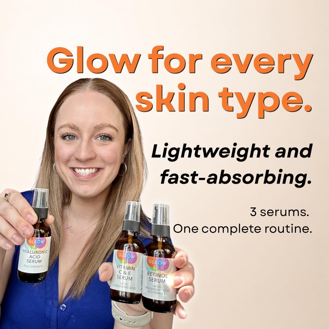 GLEOW Skincare Set: Retinol, Vitamin C, and 99% Hyaluronic Acid Serum, Face Serum Set Targets Appearance of Uneven Skin and Dryness, Total Package Serum Set 3x2 oz
