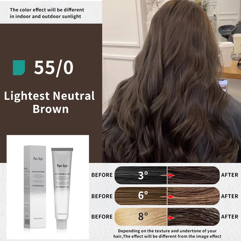 YSNSTYLE-PureStyle 3.4 fl oz(100ml) Hair Color Cream, Ammonia-Low Permanent Hair Dye with Nourishing, Lightest Neutral Brown Long-Lasting Fade-Resistant Color, At-Home Salon Quality Hair Coloring