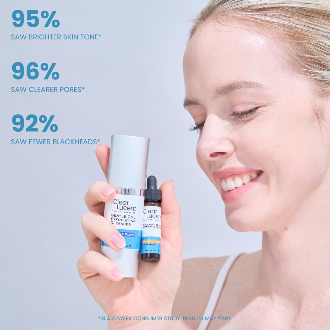 Vibrant Clarity Travel Skincare Set  | TSA‑Friendly GSL AHA/BHA Exfoliating Cleanser & 20 % Vitamin C + E + Ferulic Serum with Facial Brush & Travel Pouch | On‑the‑Go Glass Skin - 2‑Piece Set