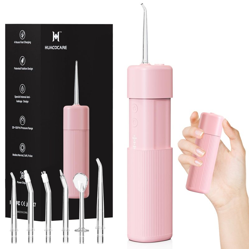 HUACO CARE Portable Mini Water Flosser, Oral Irrigator Water Teeth Cleaner Pick with Telescopic Water Tank,3 Modes & IPX7 Waterproof, Home & Travel (Pink)