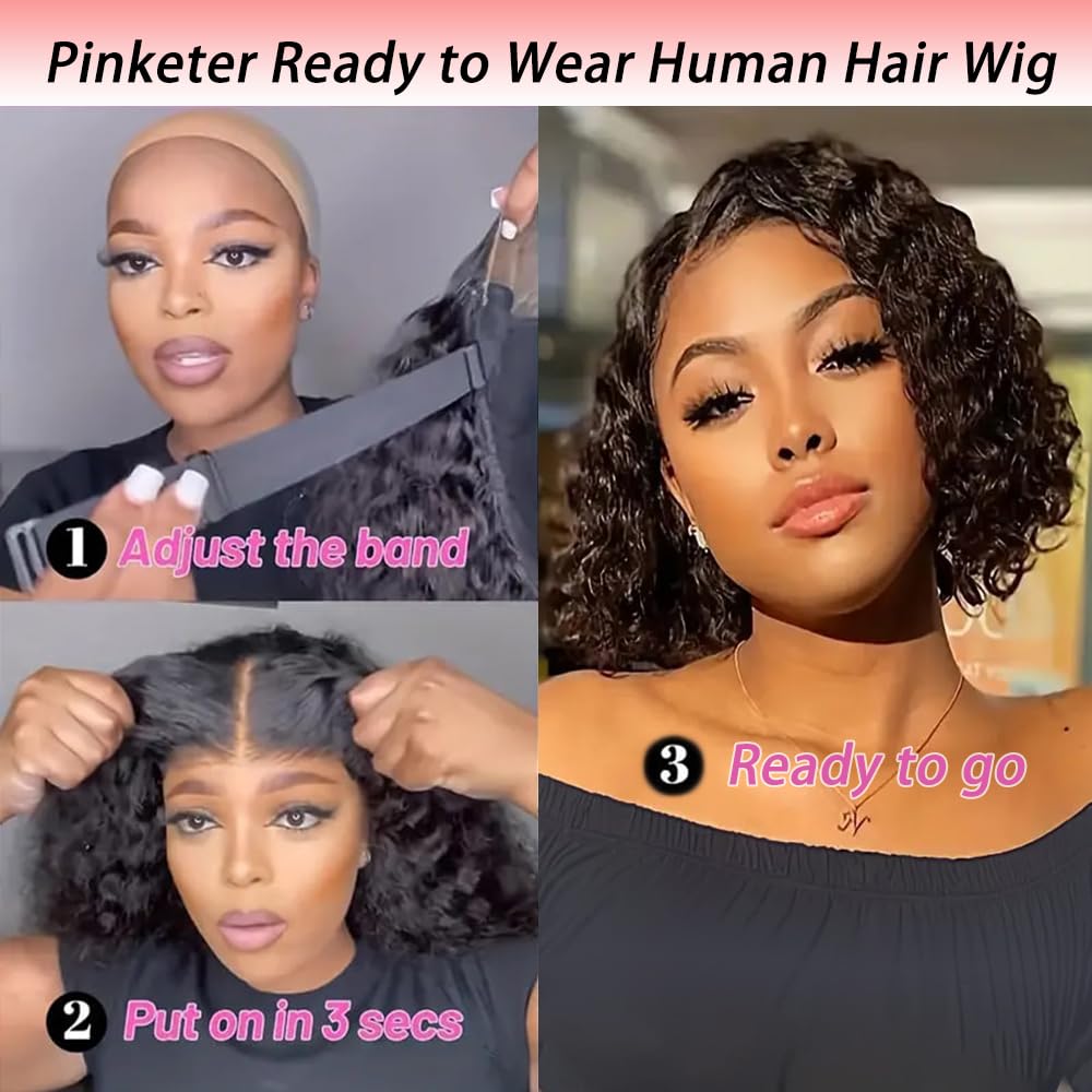 Pinketer Wear and Go Bob Wig Human Hair Deep Wave Glueless Wigs Pre Plucked Pre Cut 4x4 Lace Closure 180% Density Ready to Wear Bob Wigs for Black Women Beginner Friendly (Curly Bob Wig, 12inch)