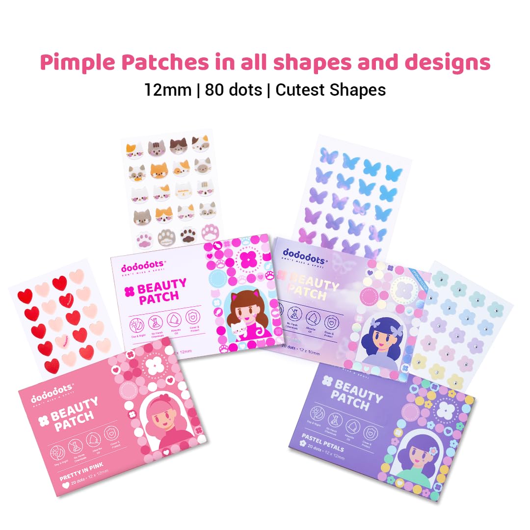 Dododots Pimple Patches for face - Cute Acne Hydrocolloid Patch, Pimple Patches for Zit, Spot and Blemish Treatment, Bundles (Butterfly, Cat, Flower and Heart)