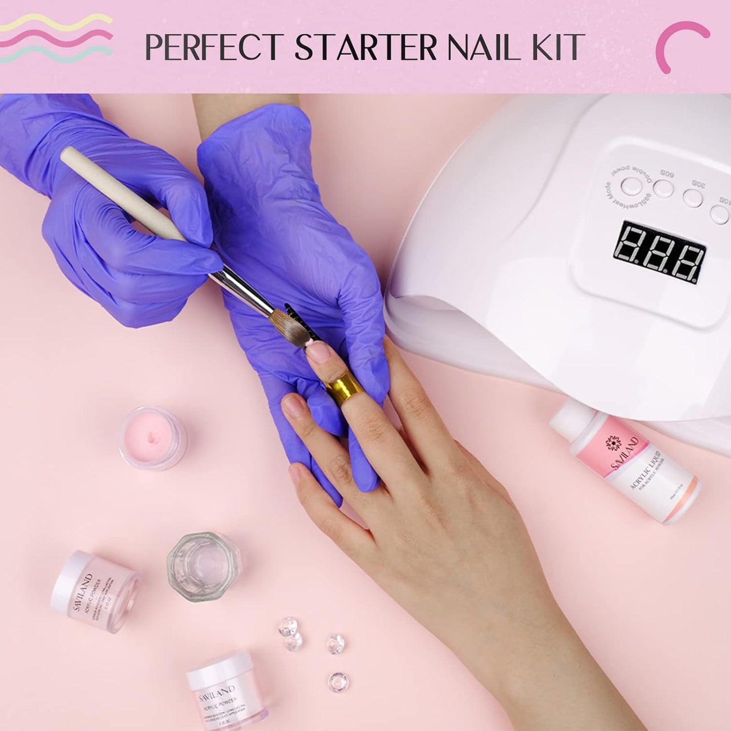Acrylic Nail Starter Kit - Clear Pink Nude Powder & Liquid, Brush, Files | Home Practice Set