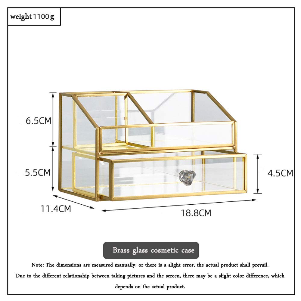 YUEHUA Clear Makeup Organizer, Glass Jewelry Display Box, Gold Makeup Nail Polish Lipsticks Eyeliners Holder Organizer for Vanity Bathroom Office