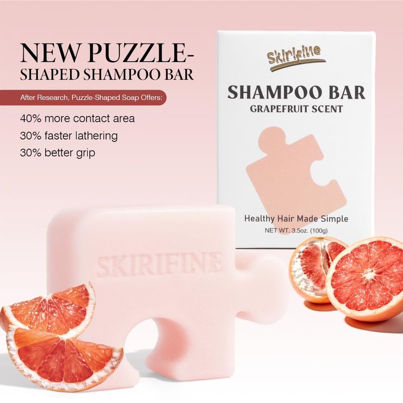 SKIRIFINE Puzzle-Shaped Grapefruit Solid Shampoo Bar - Energizing & Clarifying for Oily Hair - Invigorating Scent, Vegan & Zero-Waste (3.5oz)