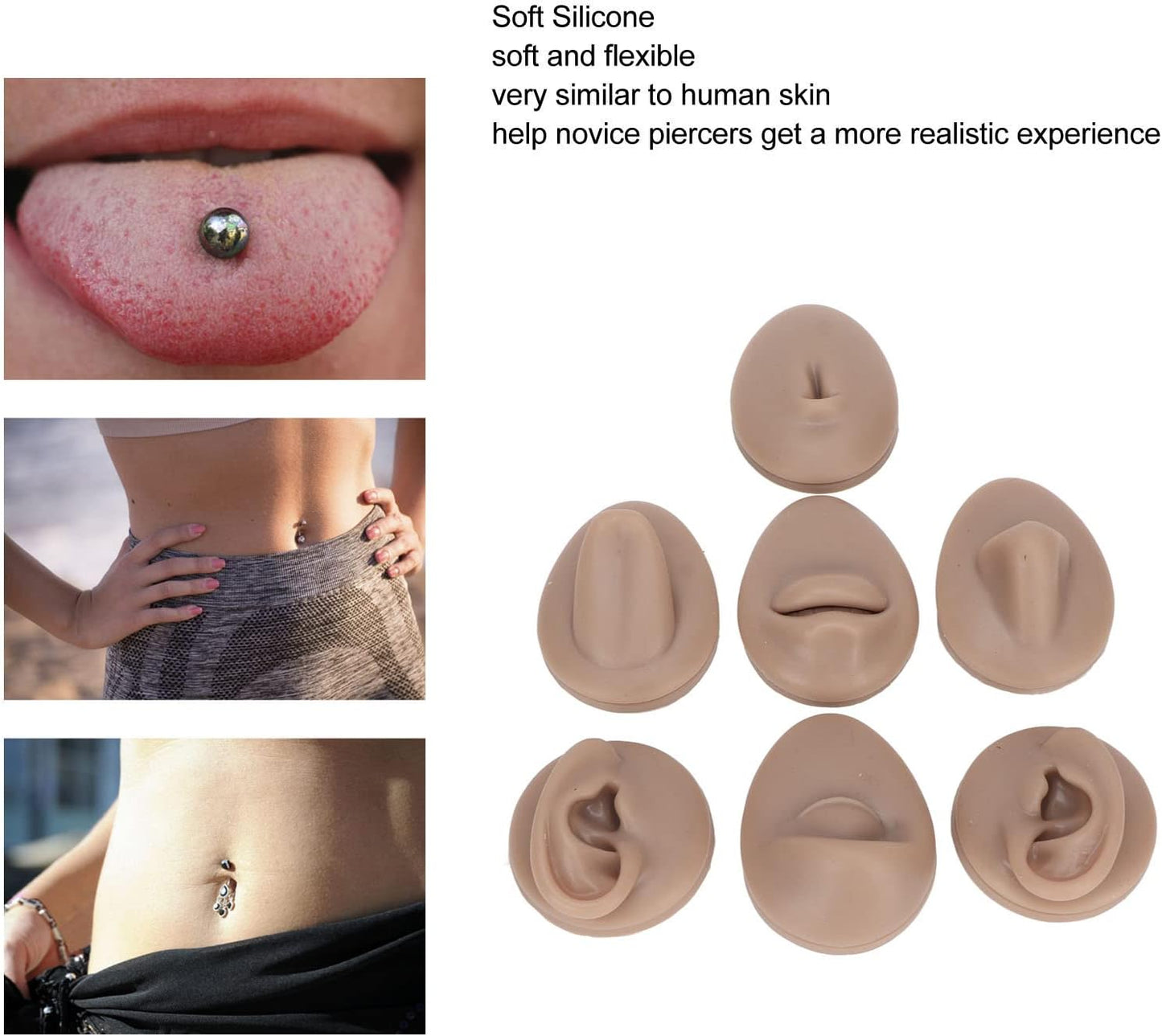 Soft Silicone Flexible Body Part Display Set - Tongue, Mouth, Navel & Ear Models for Piercing Practice | Dark Color