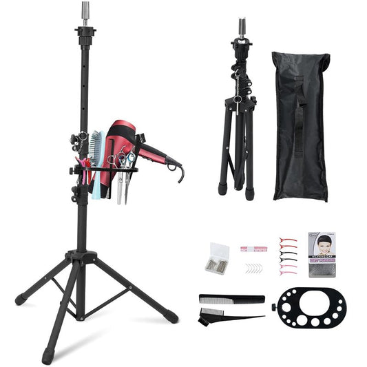 Klvied Wig Stand Tripod for Braiding Practice and Wig Styling, Adjustable 25-53.5 Inch Mannequin Head Stand with Tool Tray and Travel Bag, Fits Most Open-Bottom Heads, Black
