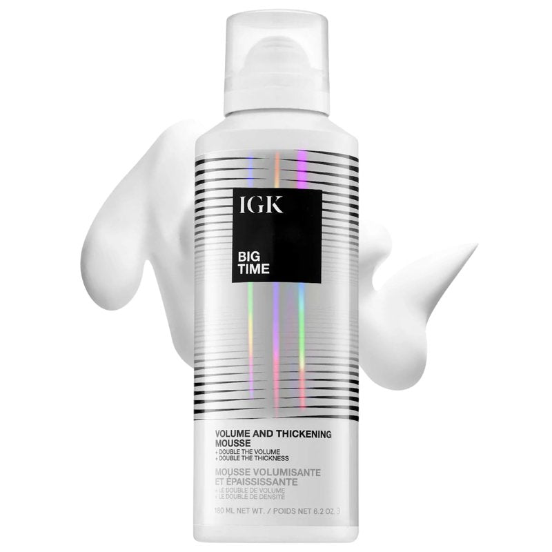 IGK BIG TIME Volume & Thickening Mousse | Flexible Hold Volumizing Styling Foam for Fine, Flat or Curly Hair | Lightweight Body, Frizz Control & Heat Protection | Vegan + Cruelty Free | 6.2 Oz