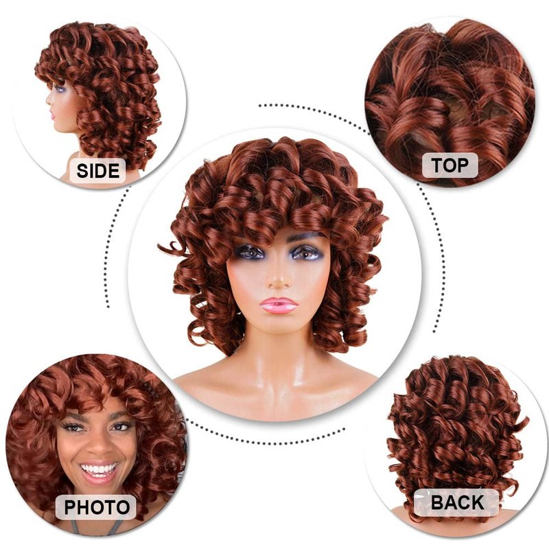 AIDUSA Big Curly Wigs for Black Women Synthetic Loose Curly Wigs with Bangs 14 Inch Auburn Brown Short Wigs Synthetic Hair Natural Wigs for Women (Copper Auburn)