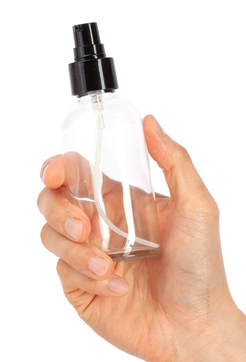 JUVITUS 4 oz Clear Glass Boston Round Bottle with Black Treatment Pump (12 Pack) + Funnel