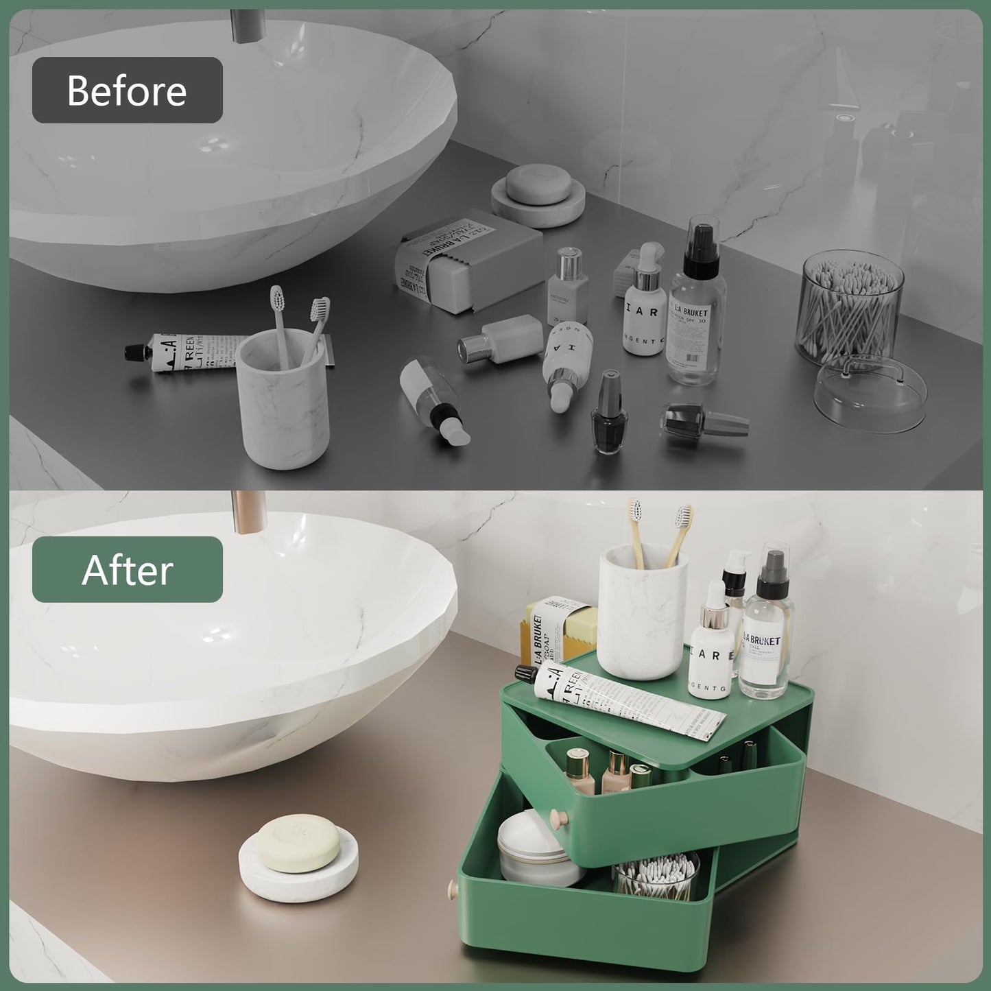Makeup Organizer with Rotating Drawers: Stackable Makeup Bathroom Vanity Storage Box, Desk and Dresser Countertop Organizers and Storage Boxes for Cosmetics, Skincare, Jewelry, Bracelets, Green