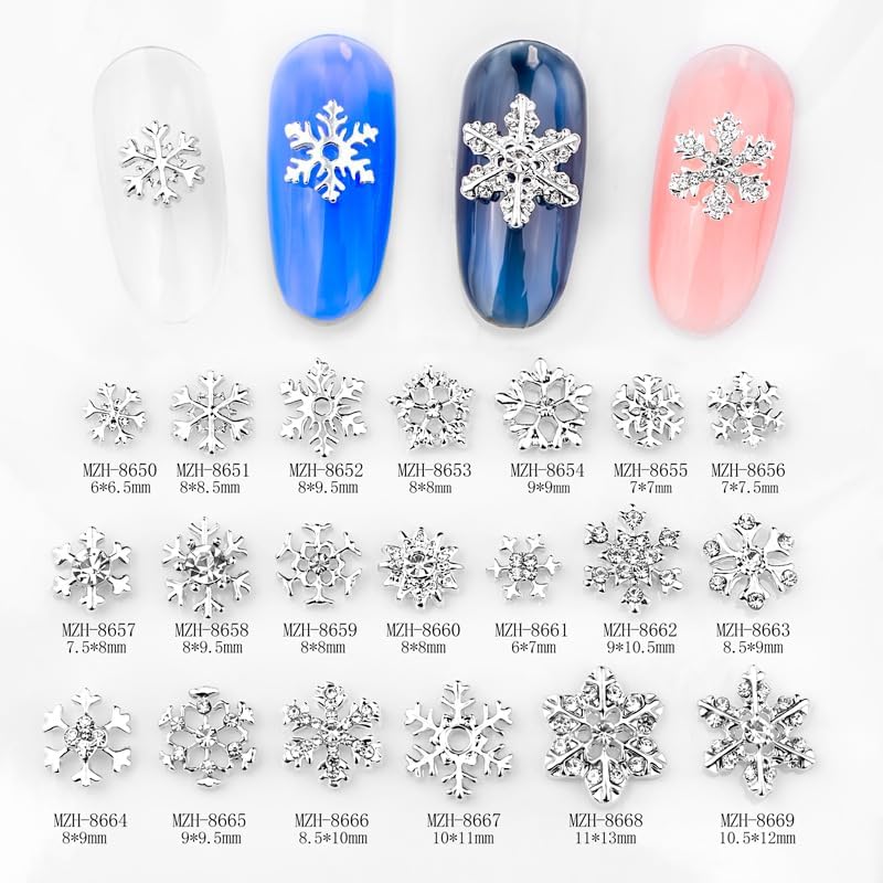 Christmas Nail Charms - 20pcs Silver Snowflake Nail Art with Diamond Design | Winter Nail Jewelry for DIY Manicure