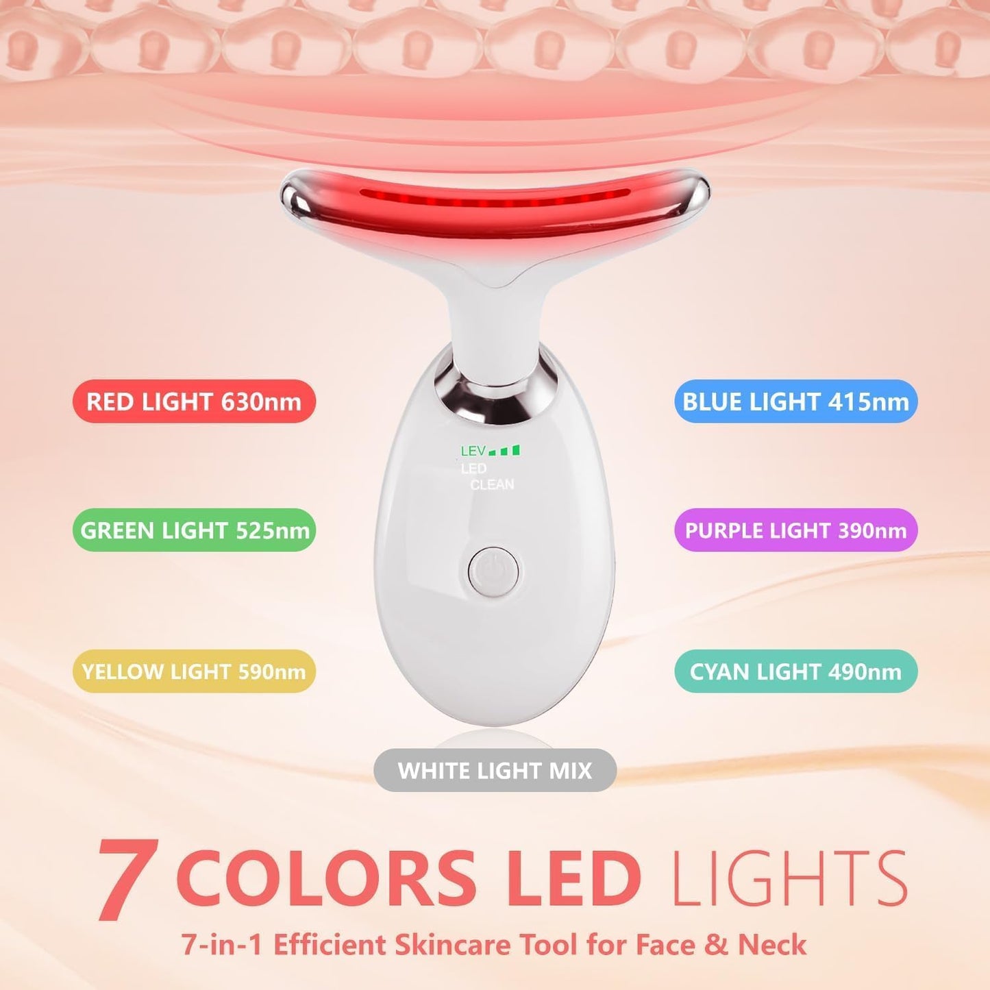 Face and Neck Massager Tool - 7-Color LED Skin Care Device for Rejuvenation, Lifting & Toning | White