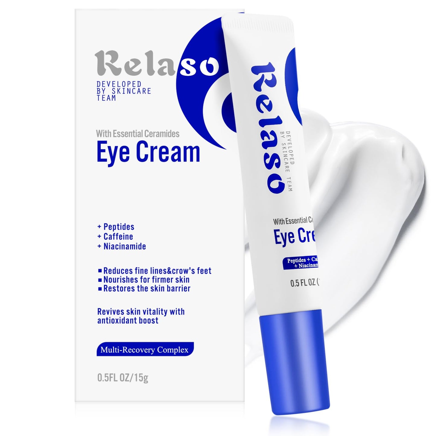 Relaso Eye Cream for Wrinkles & Crows Feet - with Essential Ceramides, Peptides & Caffeine & Niacinamide - Reduce Puffiness & Bags Under Eyes, Under Eye Cream for Women & Men, 0.5 Oz