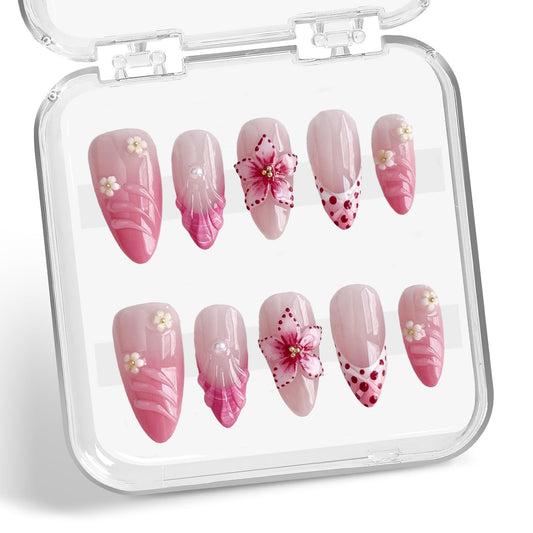 Flower Press on Nails Medium Almond Handmade 3D Water Ripple Pearl False Nails with Designs Luxury Handmade on Nails Floral Embossed French Tip Fake Nail Art Glossy Thick Acrylic Nails (Size S)