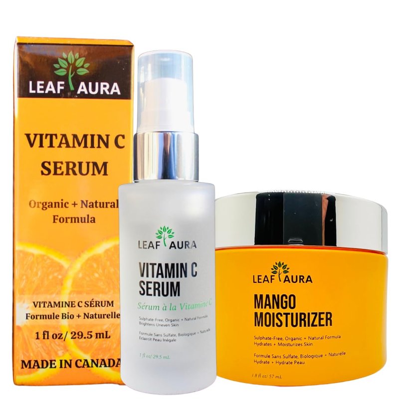 Leaf Aura Daily Skin Care Products Combo- Comes with Cleanser, Vitamin C serum & Mango Moisturizer- Natural + Organic Formula- Made In Canada- For Men & Women (2 pack)
