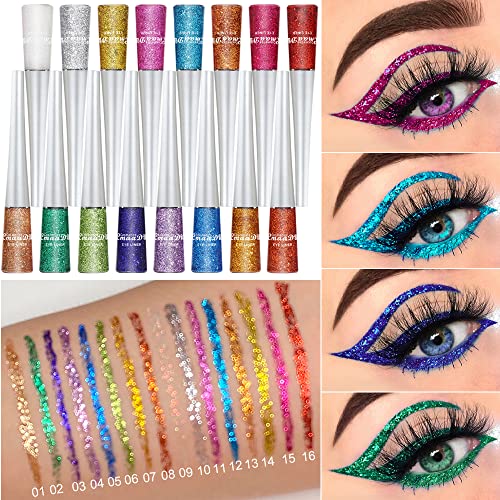 BONNIE CHOICE 16 Colors Glitter Eyeliner Liquid Set, Metallic Glitter Liquid Eyeshadow, Waterproof Long Lasting White Silver Rose Gold Pink Colorful Rainbow Eyeliners Christmas Gifts for Women