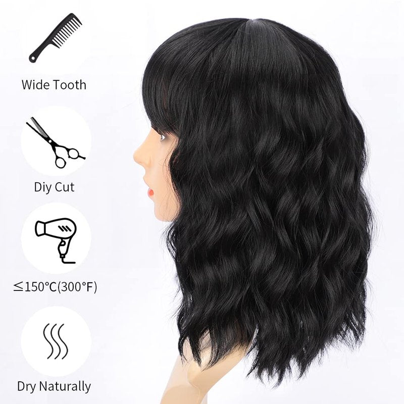 Curly Bob Wig - Short Synthetic Black Wig with Bangs | Heat Resistant Fiber for Natural Look