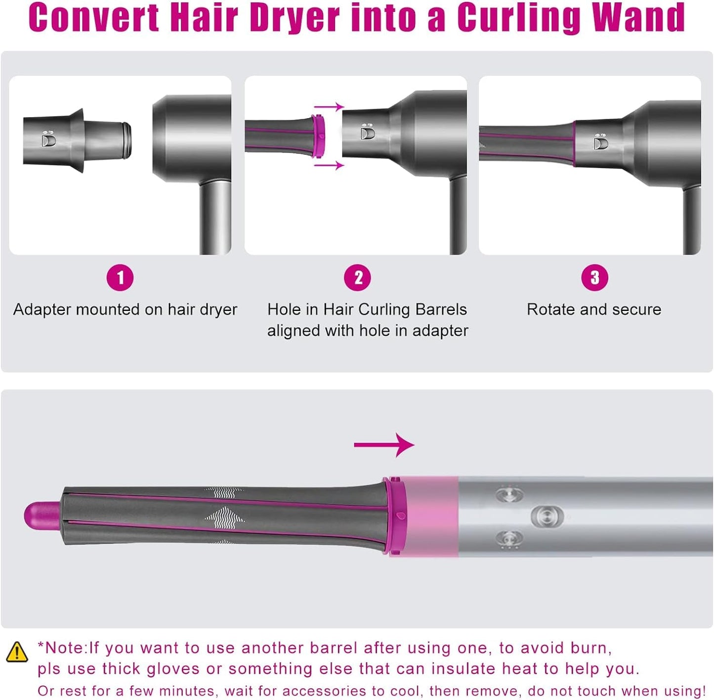 Hair Curling Iron Barrels & Round Brush Attachment for Dyson Supersonic Hair Dryer, 5 in 1 Hair Tools Replacement Parts Automatic Curling Suit, Accessories for Multiple Hair Styles