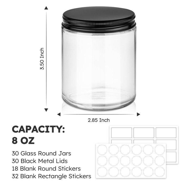 Tecohouse 8 oz Glass Jars with Lids, 30 Pack Candle Jars Canning Mason Jars with Lids, White Labels & Inner Liners, Empty Airtight Round Clear Slime Containers for Cream, Spice, Lotion, Ointments