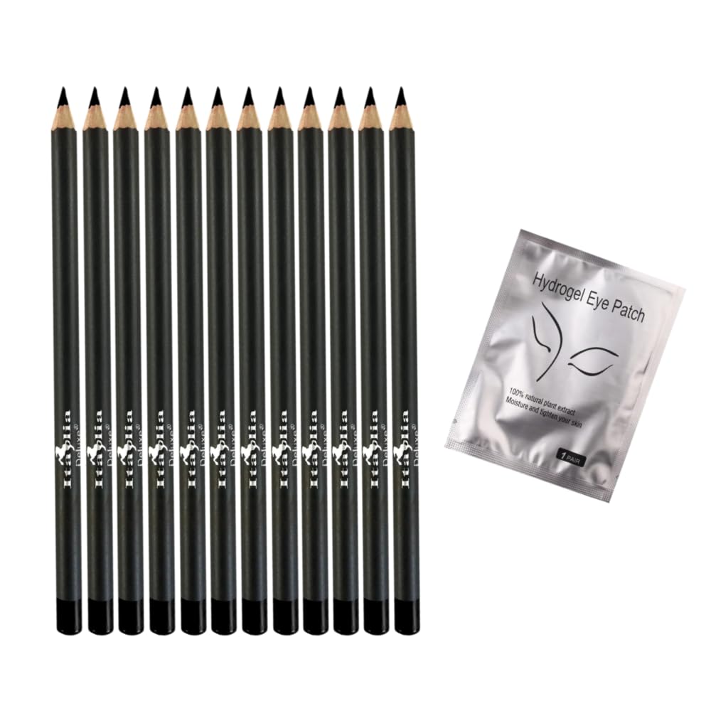 Italia Deluxe 12 pcs Eyeliner Pencil, Ultra Fine, Creamy, High-pigmented, Long-lasting + Hydrogel Eye Patch for Lash Extensions (Black)