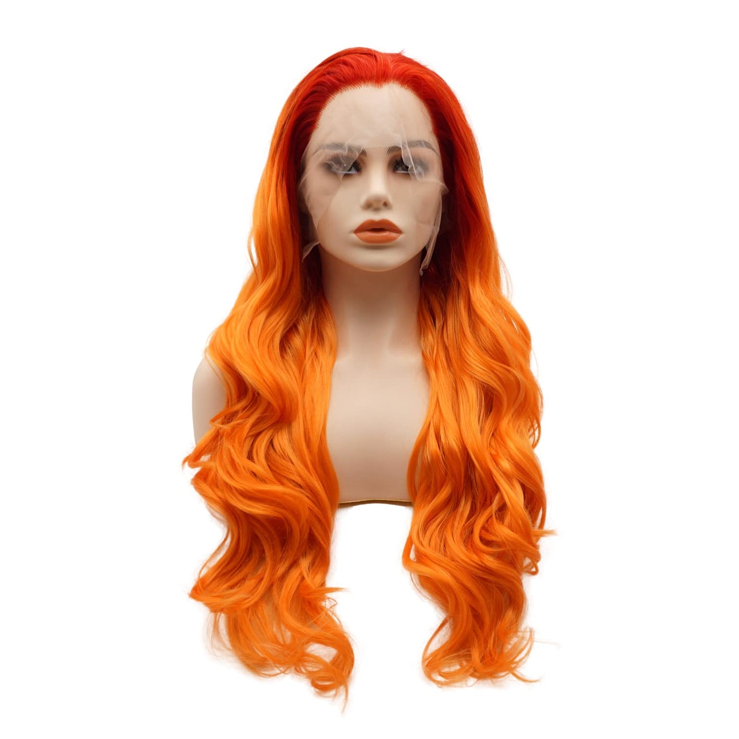 Long 24-Inch Wavy Synthetic Lace Front Wig - Orange Root Light Orange Ombre, Heat Resistant