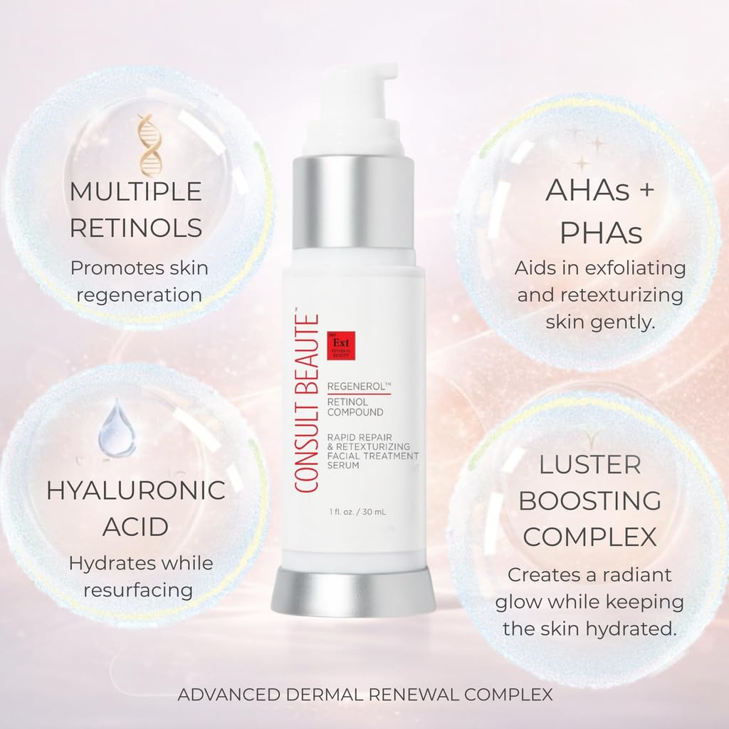 Consult Beaute Regenerol Renewing Retinol Compound Serum with Hydrating Hyaluronic Acid for Face - Rapid Repair, Retexturizing Skin Care Treatment for Lines, Wrinkles 1 Fl. Oz.
