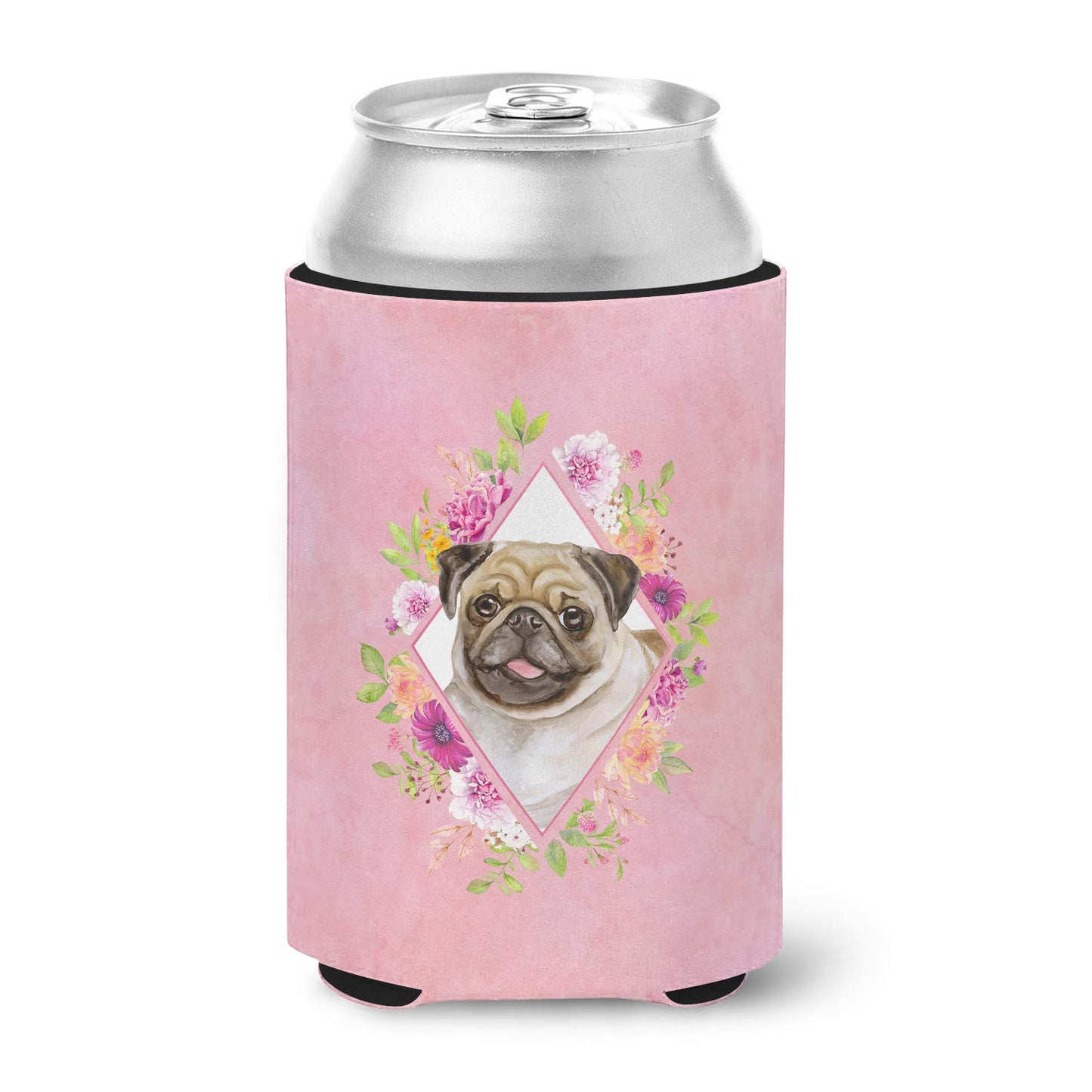 Caroline's Treasures CK4174CC Fawn Pug Pink Flowers Can or Bottle Hugger Cooler Washable Drink Sleeve Collapsible Beverage Insulated Holder, Can Hugger, Multicolor
