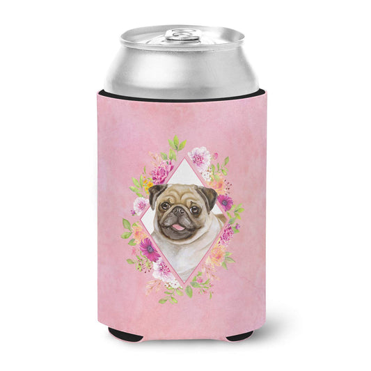 Caroline's Treasures CK4174CC Fawn Pug Pink Flowers Can or Bottle Hugger Cooler Washable Drink Sleeve Collapsible Beverage Insulated Holder, Can Hugger, Multicolor