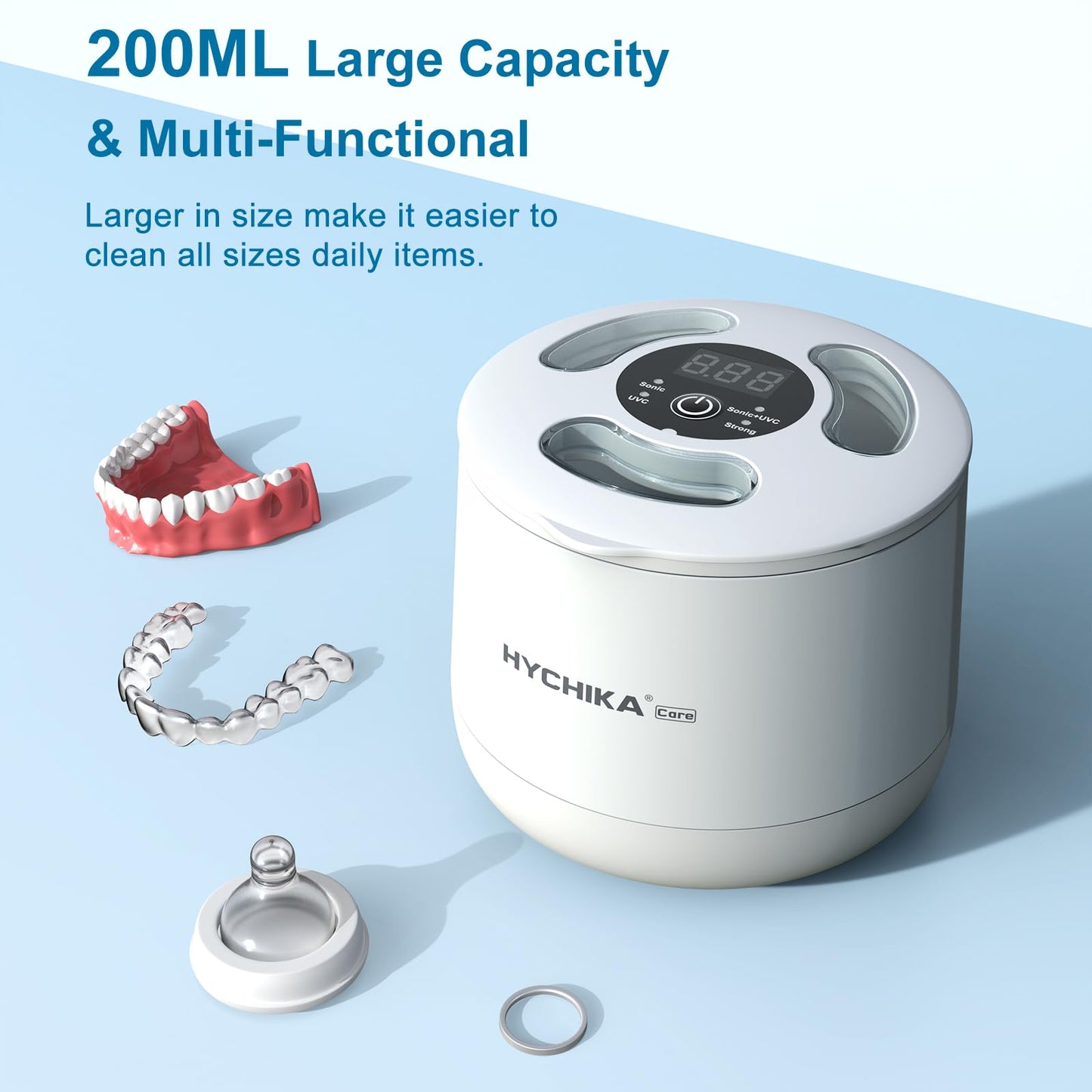 HYCHIKA Ultrasonic Retainer Cleaner Machine with UV,4 Modes,45kHz,200ML Dental Clean Pod for Retainers,Night Guards,Dentures etc.,Iceberg White