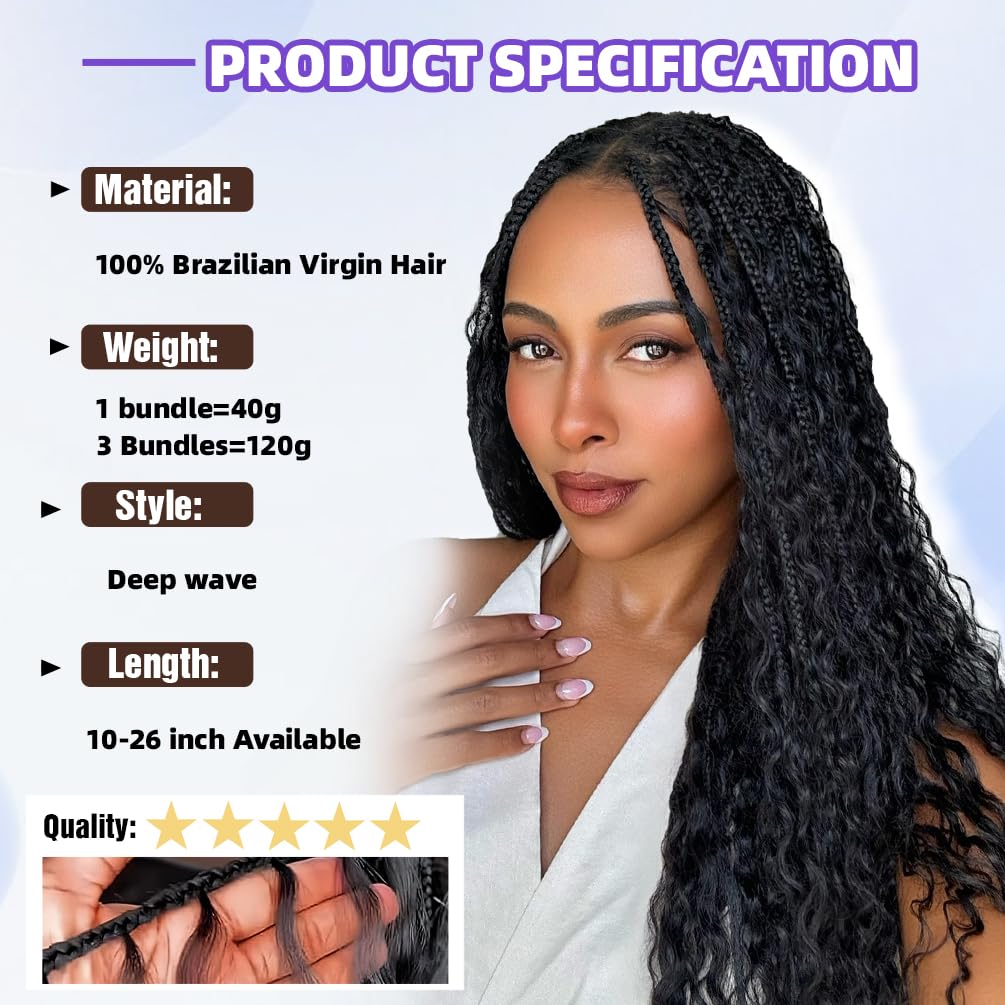 Deep Wave Human Braiding Hair for Boho Braids – 10 Inch 120g 3 Bundles/Pack Natural Black, 100% Unprocessed 12A Brazilian Virgin Hair Bulk, No Weft, Wet & Wavy Curly Knotless Extensions