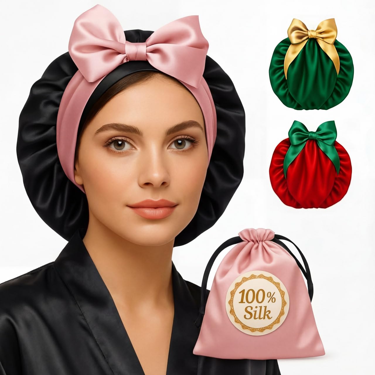 Mulberry Silk Bonnet for Sleeping with Ribbon Fixation & Wonder Loop – Reversible No-Slip Hair Wrap for Sleep, Hair Bonnet for Curly, Straight & Fine Hair - Mothers Day Gift for Mom & Wife
