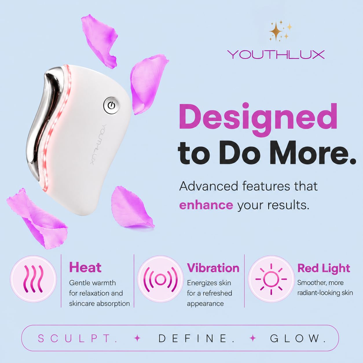 YOUTHLUX ProSculpt Heated Gua Sha Facial Massager – Electric Guasha Tool for Face Sculpting, Relaxation & Skincare | Soothing Vibration Facial Massage Tool with Contoured Design (White)
