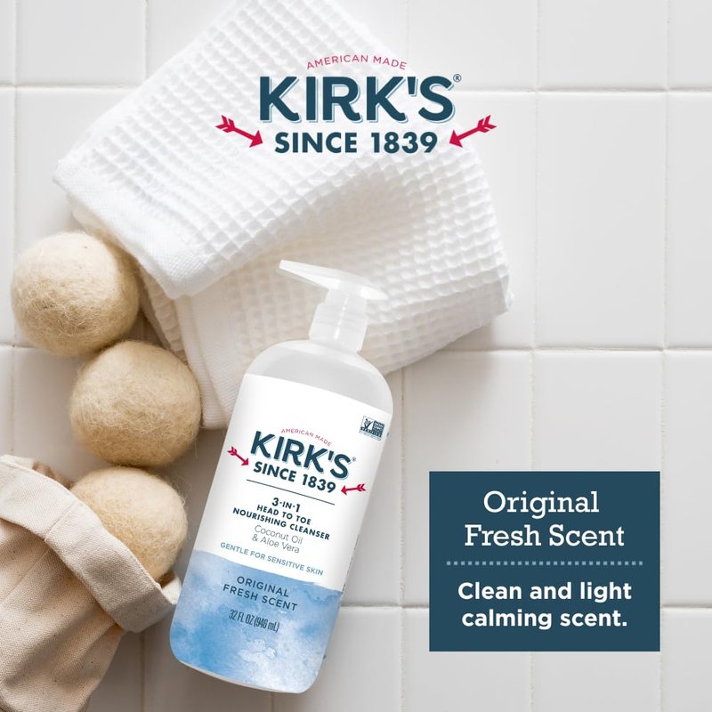 Kirk's Original Fresh 3-in-1 Nourishing Cleanser and Travel Bar Soap, Shampoo Body Wash Bubble Bath, Coconut Oil and Aloe Vera, Vegan Non-GMO, 32 Fl Oz, Pack of 2