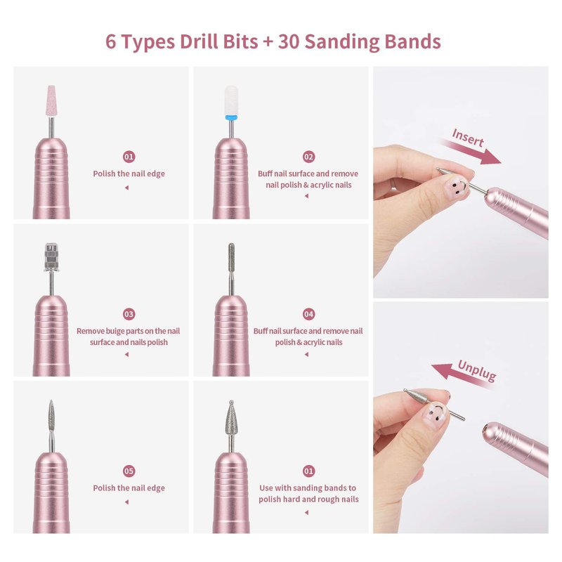 DMD Portable Electric Dip Nail Drill Kit Hinder Professional Nail Drill 20000 RPM USB Machine for Acrylic Nails Removal with One Ceramic Burr and 100 Pcs Sanding Bands