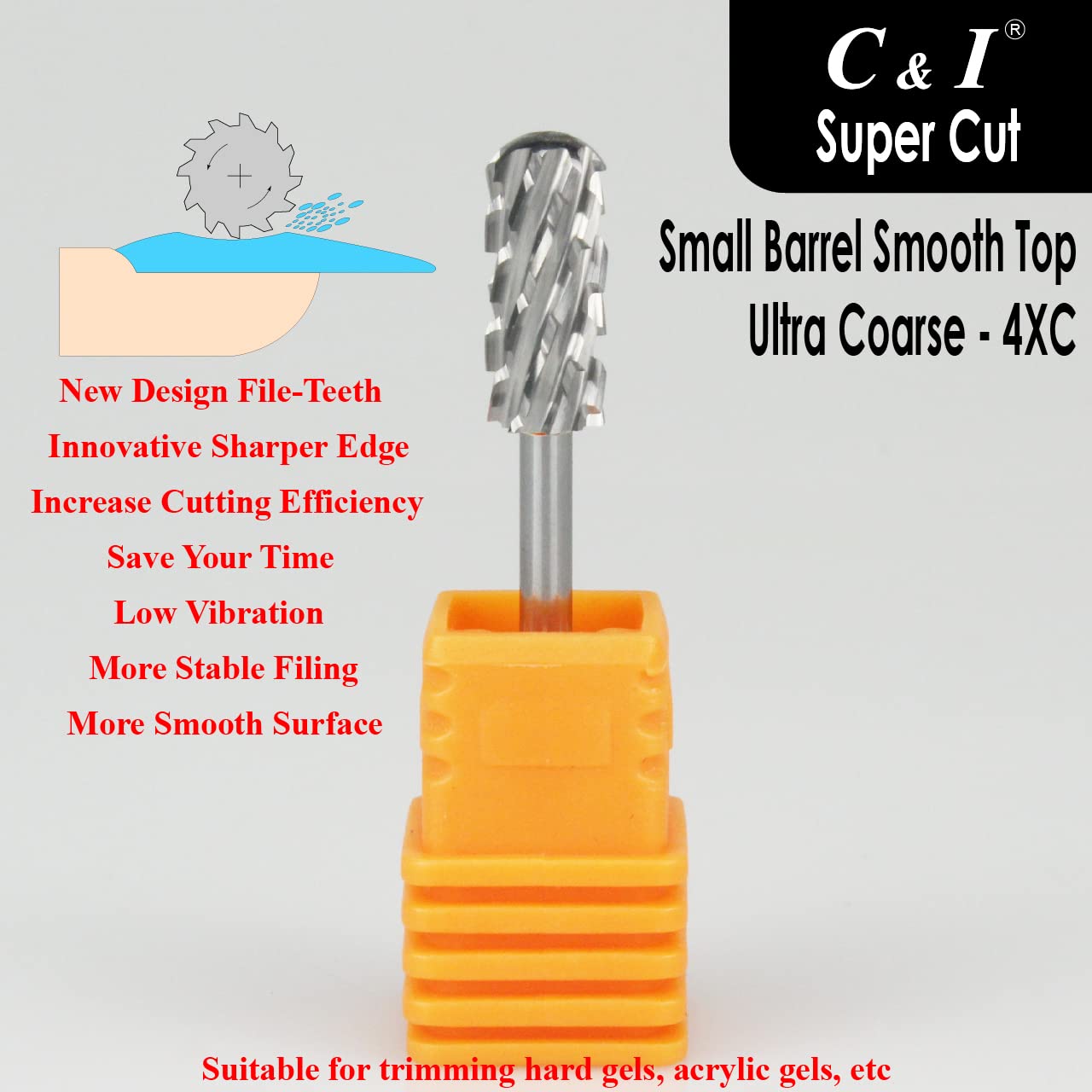 C & I Nail Drill Bit Super Cut Edition –Upgrade File Teeth, Small Barrel Smooth Top, E-File for Electric Manicure Drill Machine, Quick to Remove Super-Hard Nail Gels (Ultra Coarse -4XC)
