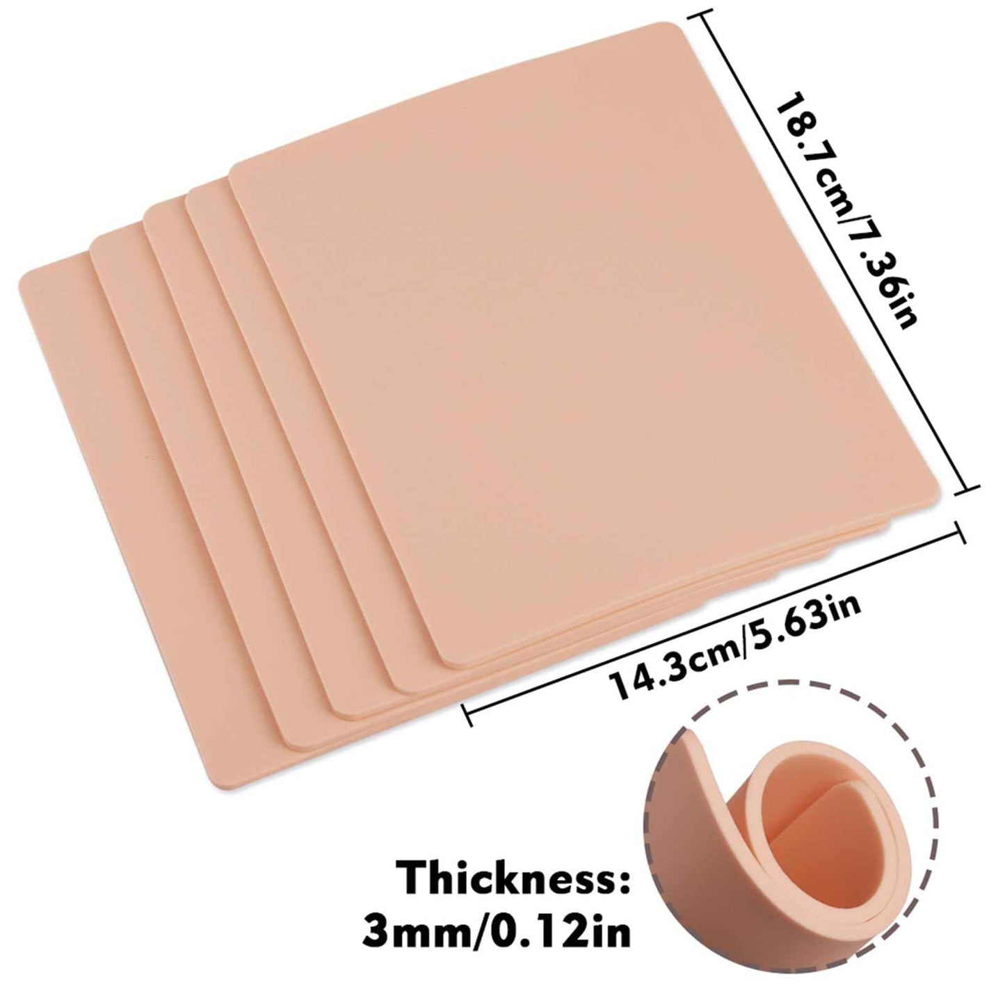 Rayyl 3MM Tattoo Fake Skin - 10Pcs Practice Fake Skin 3MM Thick Soft Silicone Double Sides 7.48x5.62" Eyebrow Practice for Tattoo Beginner & Experienced Artist (10pcs)