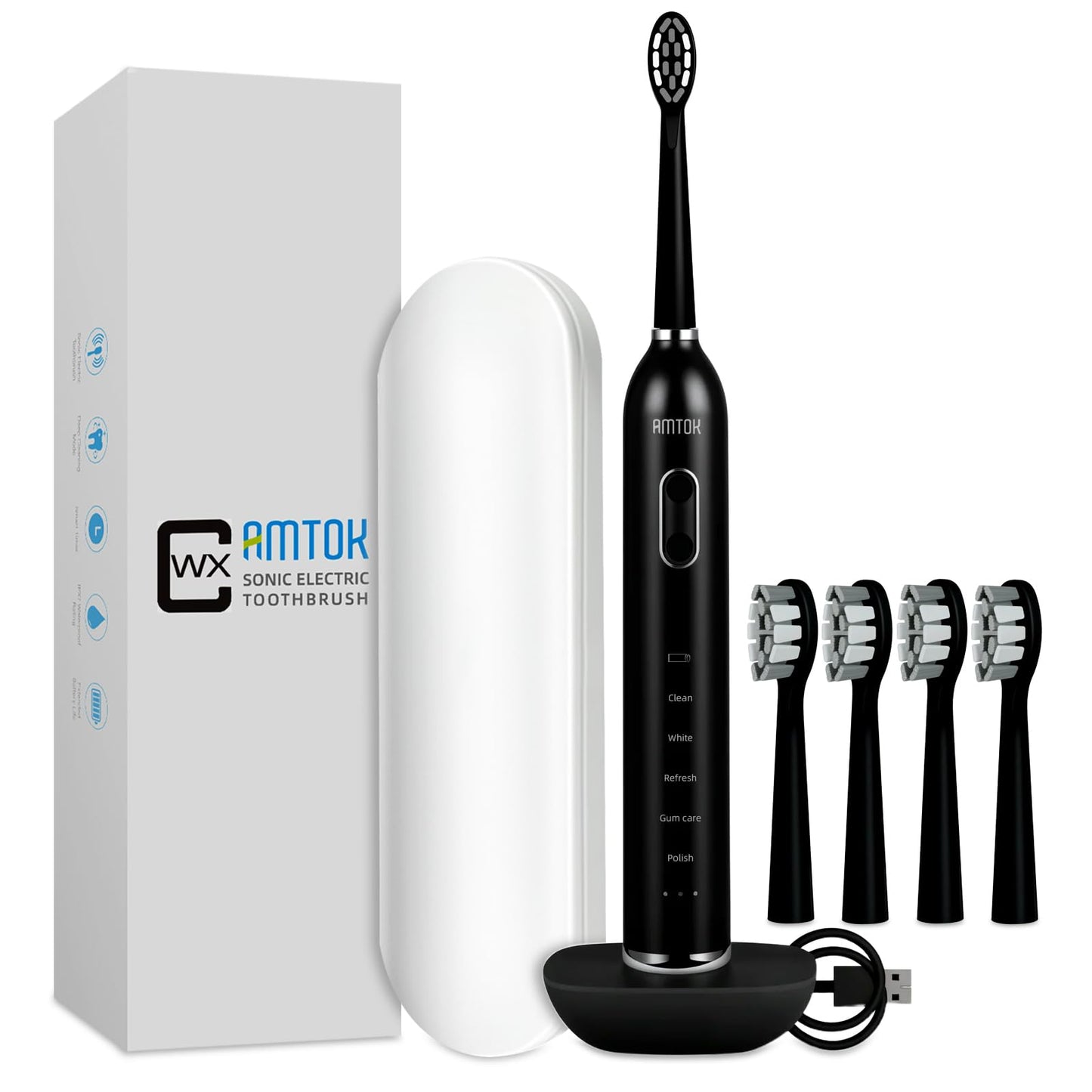 CWX Sonic Rechargeable Electric Toothbrush, Cordless with Fast Wireless Charging, 5 Cleaning Modes & 3 Intensity, 60-Day Battery Life, 4 Brush Heads, Travel Case, IPX7 Waterproof