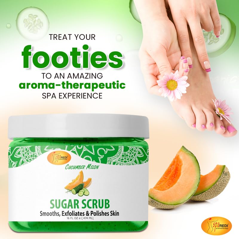 SPA REDI – Sugar Body Scrub, Cucumber Melon, 16 Oz, Exfoliating, Moisturizing, Hydrating and Nourishing, Glow, Polish, Smooth and Fresh Skin - Body Exfoliator