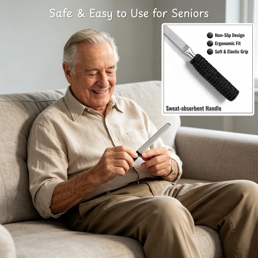 IDOU 3-in-1 Nail File Kit: Heavy Duty Toe Nail Files for Thick Nails & Seniors with Ingrown Lifter, Thumb Guard | Non-Slip Metal Emery Boards for Nails/Silver Lifter
